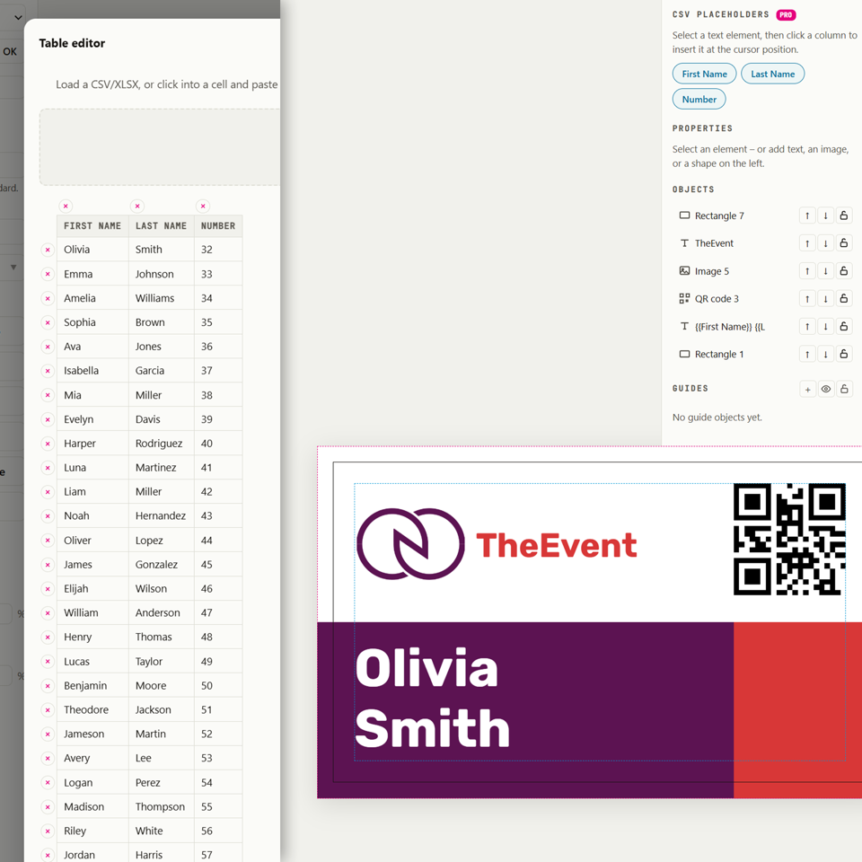 LaydoStudio's mail merge table editor next to a name badge preview with a QR code, filled in automatically from a spreadsheet