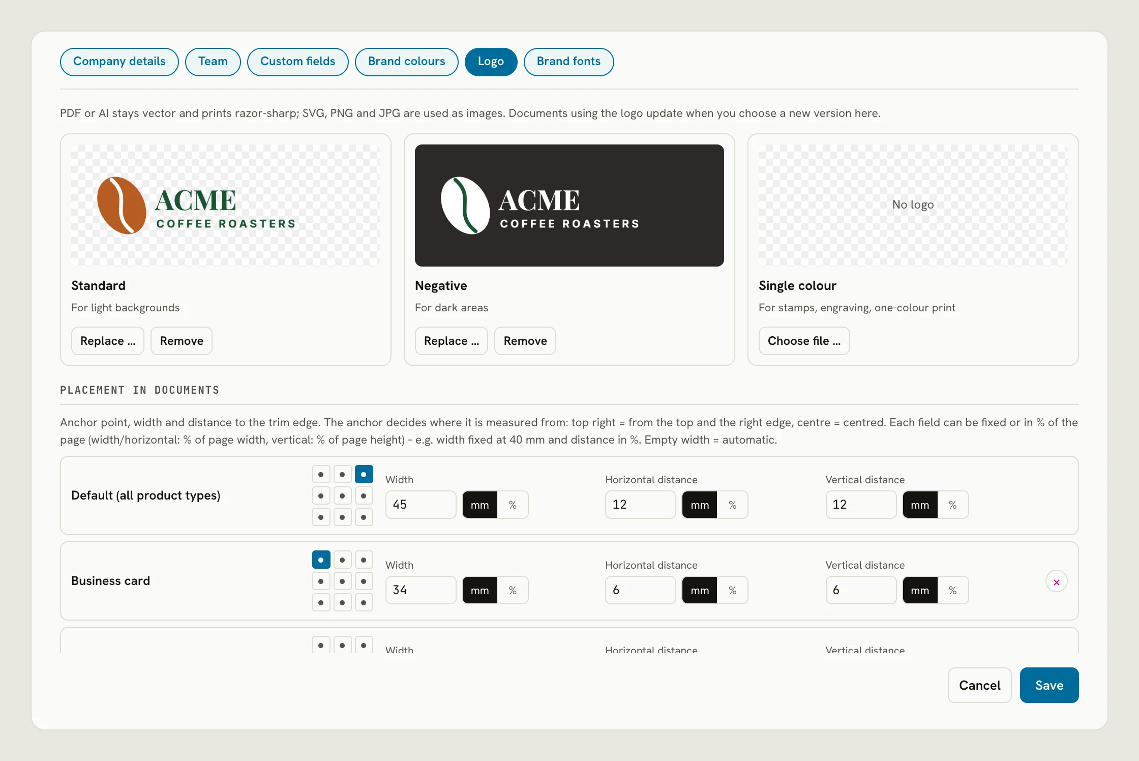 Brand-Kit window, Logo tab: standard and reversed logo, placement rules with anchor point, width and distance below
