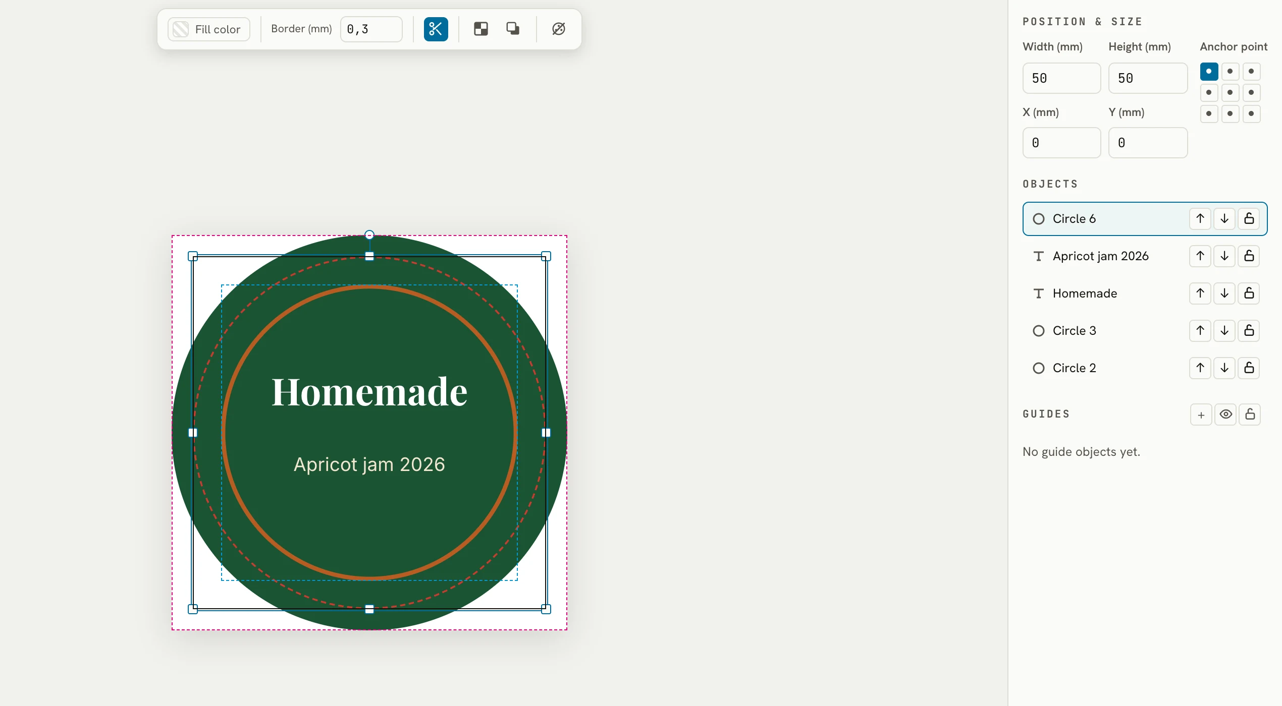 Round sticker in the editor, a circle marked as cut contour, dashed red